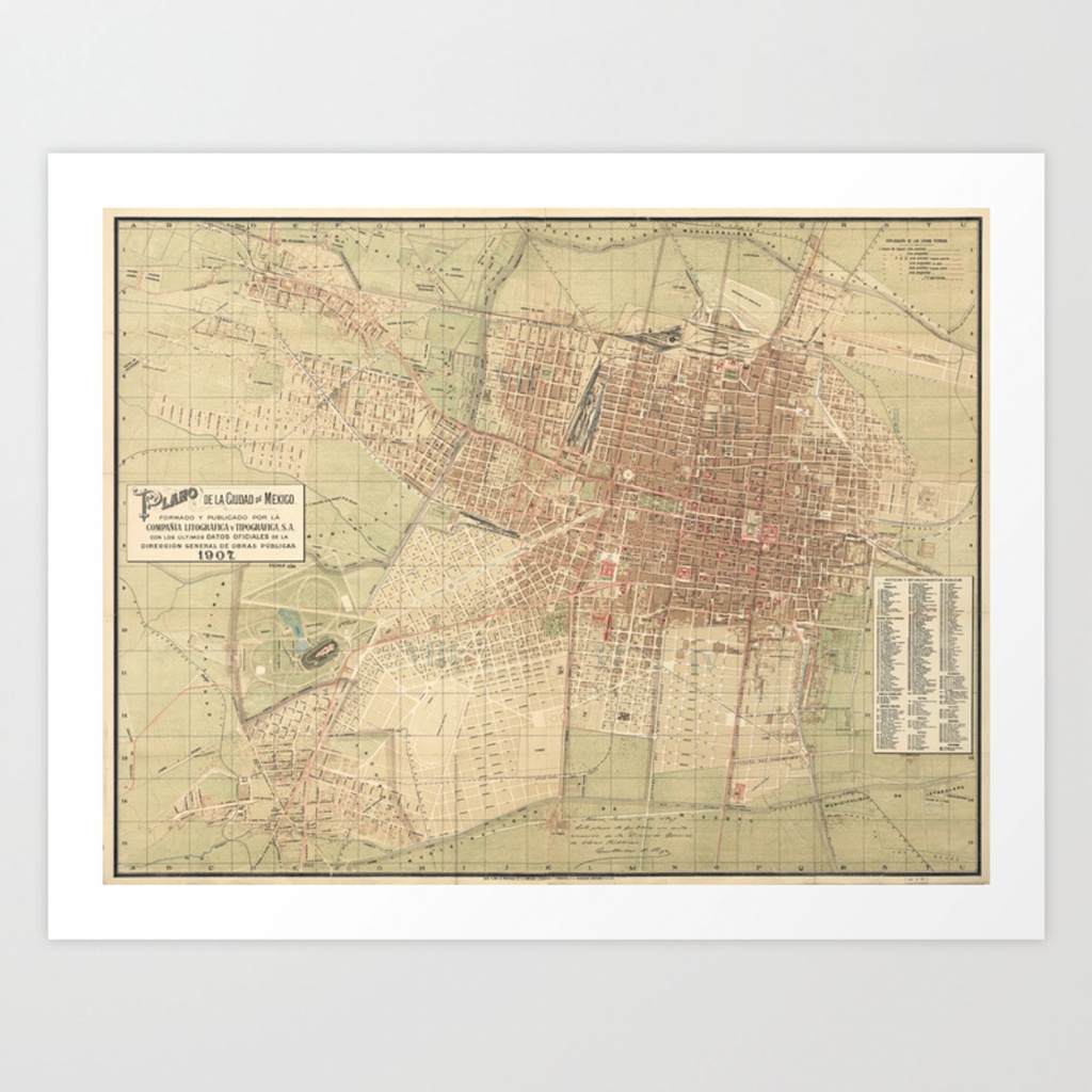 Vintage Map Of Mexico City (1907) Art Printbravuramedia | Society6 - Printable Map Of Mexico City