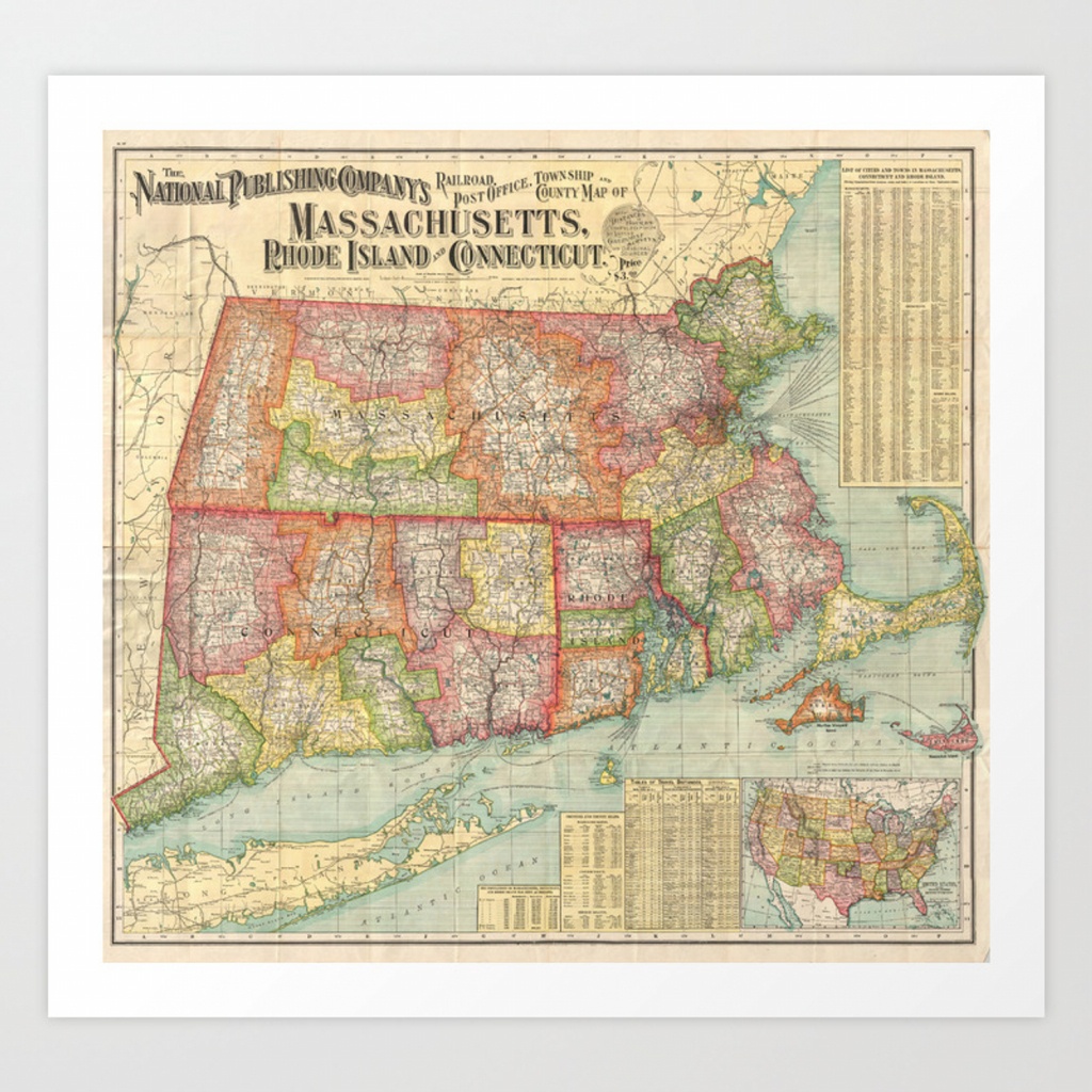 Vintage Map Of New England States (1900) Art Printbravuramedia - Printable Map Of New England States