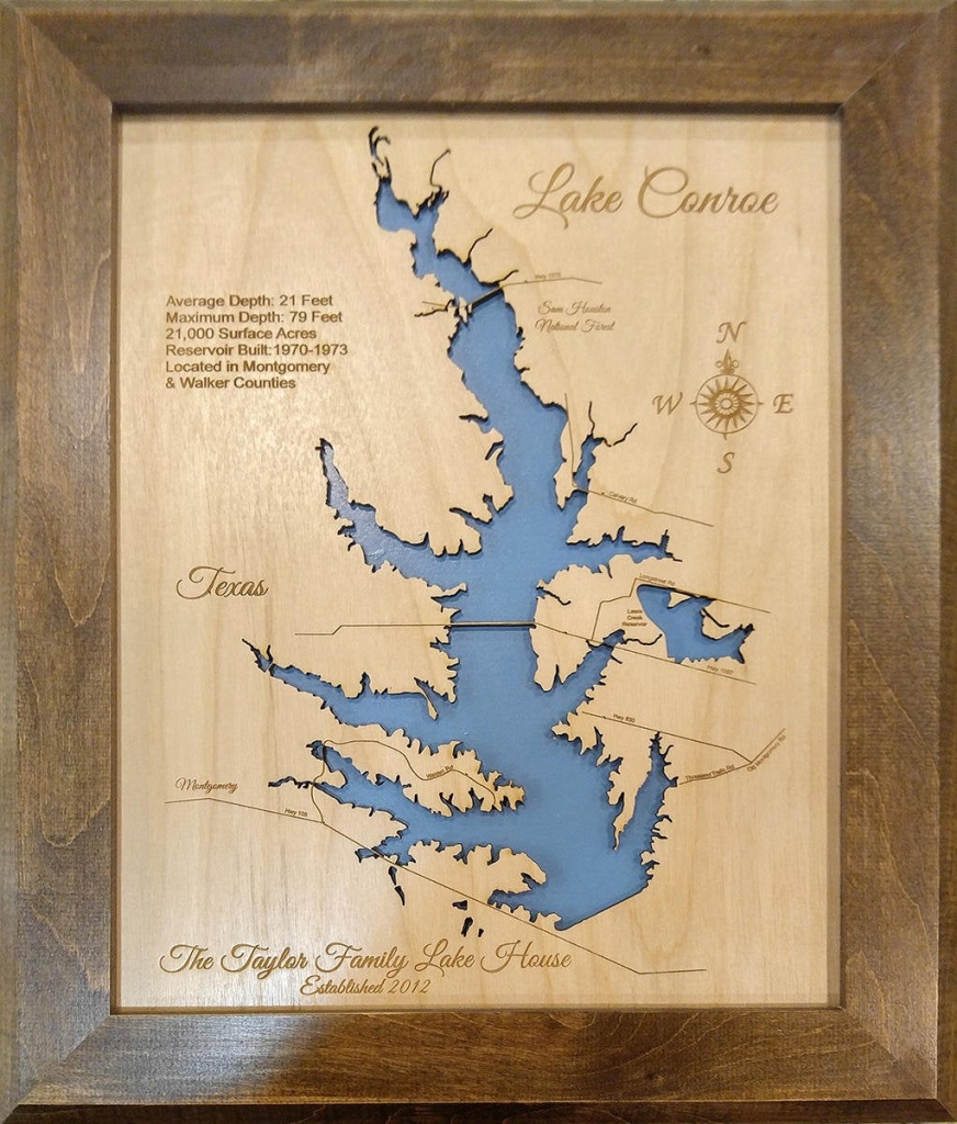 Wood Laser Cut Map Of Lake Conroe Texas Topographical | Etsy - Map Of Lake Conroe Texas
